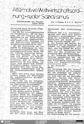 Alternative Weltwirtschaftsordnung und realer Sozialismus : Erfordernisse aus ökonomischer Sicht