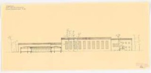 Feierabendhaus: Längsschnitt Hof und Ansicht großer Saal 1:200