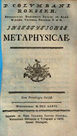 Colvmbani Roesser ... Institvtiones Metaphysicae