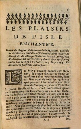 La Princesse d'Elide : Comedie ; en semble les Plaisirs de l'isle en Chantée