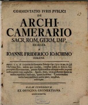 Commentatio ivris pvblici de archi-camerario Sacr. Rom. Germ. Imp.