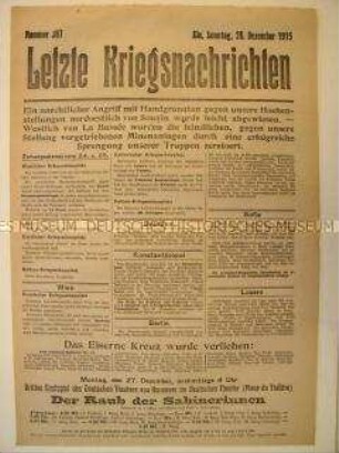 Mitteilungsblatt "Letzte Kriegsnachrichten" mit Kurzmeldungen von verschiedenen Kriegsschauplätzen