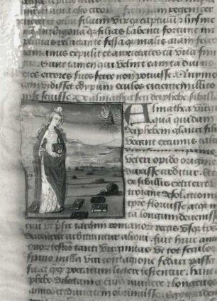 Miniatur und Textseite : Miniatur und Textseite. Pergament; 40 x 37 mm (Miniatur) (1401/1500). Aus: Boccaccius, Johannes: De mulieribus claris. Dresden: SLUB Mscr. F 171b, 31r