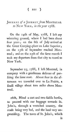Journal of a Journey from Montreal to New York in the Year 1788.