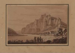 Ansicht von Rathen an und der Elbe, sepiagetönte Umrissradierung, um 1821 : Zingg, Adrian : Raden an und der Elbe / [gefertigt von Adrian Zingg?]. - [S.l.] , [ca. 1821]. - 1 Kunstbl. : sepiagetönte Umrißradierung ; 15 x 10 cm