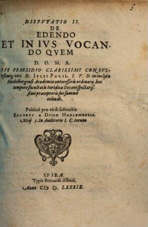 Dispvtatio II. De Edendo Et In Ivs Vocando
