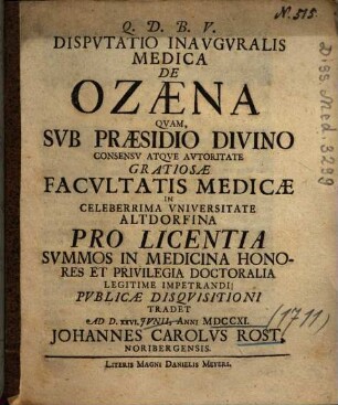 Dispvtatio Inavgvralis Medica De Ozaena