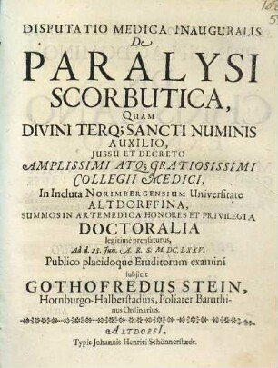 Disputatio Medica Inauguralis De Paralysi Scorbutica