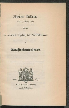 Allgemeine Verfügung vom 15. März 1890 betreffend die anderweite Regelung des Diensteinkommens der Katasterkontroleure