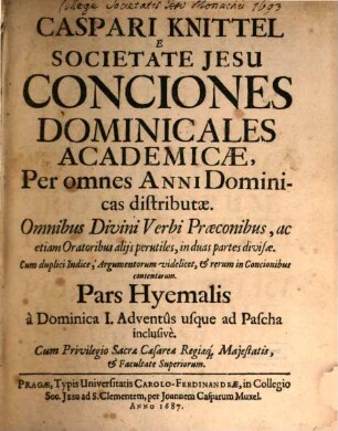 Conciones Dominicales academiae : Pars Hyemalis [et aestivale]