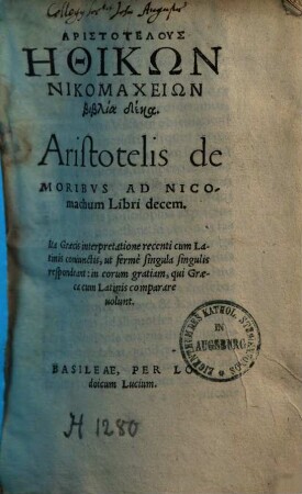 Aristotelis de Moribvs Ad Nicomachum : Libri decem = Aristotelus Ēthikōn Nikomacheiōn biblia deka