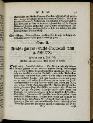 Num. II. Reichs-Fürsten-Raths-Protocoll vom 4. Julii 1766.