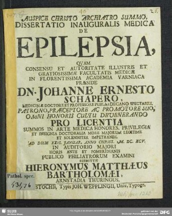 Dissertatio Inauguralis Medica De Epilepsia