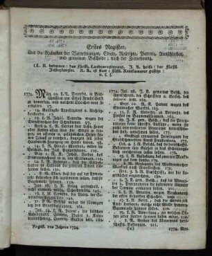 Erstes Register, über die Rubriken der Verordnungen, Edicte, Rescripte, Patente, Ausschreiben und gemeinen Bescheide; nach der Zeitordnung.