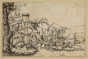 Gebirgige Flusslandschaft mit vielen Gebäuden zu beiden Seiten des Flusses