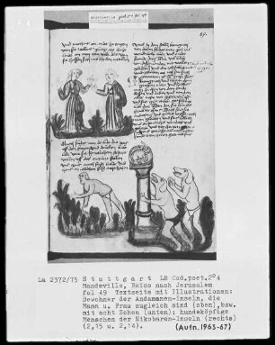 Jean de Mandeville, Reise nach Jerusalem — Textseite mit drei Illustrationen, Folio 49recto