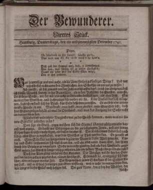 Viertes Stück. Hamburg, Donnerstags, den ein und zwanzigsten December 1741.