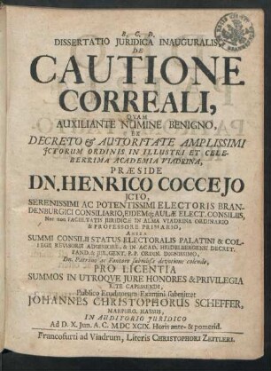 Dissertatio Iuridica Inauguralis, De Cautione Correali