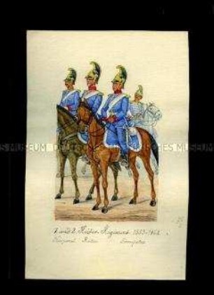 Uniformdarstellung, Korporal, Reiter und Trompeter zu Pferd, 1. und 2. Reiter-Regiment, Sachsen, 1853/1862.