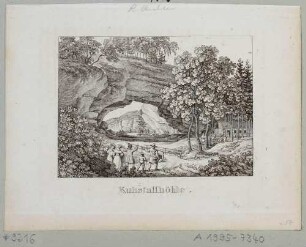 Das Felsentor Kuhstall auf dem Neuen Wildenstein zwischen Schmilka und dem Kirnitzschtal in der Sächsischen Schweiz mit Ausschank, aus Richters "Andenken an die Sächsische Schweiz..."