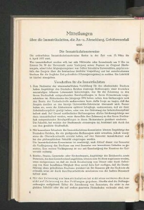Mitteilungen über die Immatrikulation, die An- u. Abmeldung, Gebührenerlaß usw.