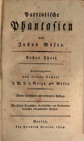 Justus Mösers sämmtliche Werke, 1. Patriotische Phantasien, [1] : erster Theil