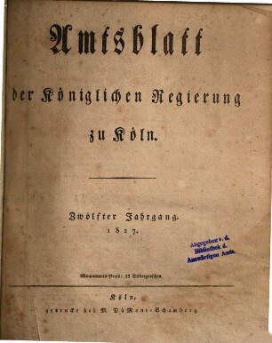 Amtsblatt für den Regierungsbezirk Köln. 1827