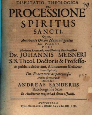 Disputatio Theologica De Processione Spiritus Sancti