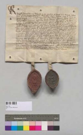 Abt Johann, Prior Georg und der Konvent von Kloster Asbach schließen eine Gebetsverbrüderung mit Kloster Seeon. S1: Abt Johann v. Kl. Asbach, S2: Konvent v. Asbach