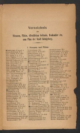 Verzeichnis der Strassen, Plätze, öffentlichen Gebäude, Denkmäler etc. zum Plan der Stadt Königsberg.