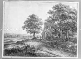Gasthaus am Wege mit großer Linde (rastender Wanderer auf einer Bank) - Nr. 1 einer Folge Landschaften, rechts unten numeriert