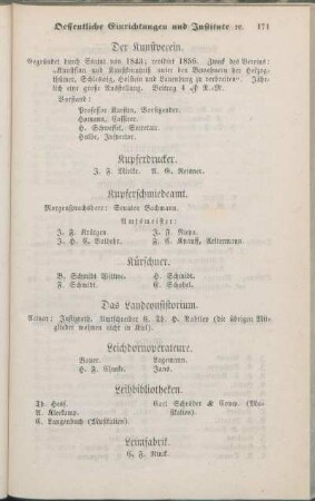 Das Landconsistorium. Leichdornoperateure. Leihbibliotheken. Leimfabrik. [Leinen-, Drell- [et]c. Handlungen. Lichtfabriken. Liqueurfabrik. Lithographische Anstalten. Lombard. Lotterie.]