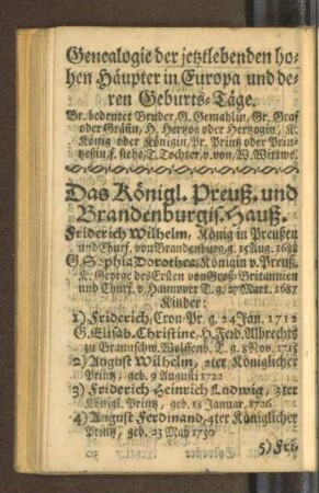 Genealogie der jetztlebenden hohen Häupter in Europa und deren Geburts-Tage