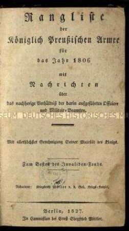 Rangliste der Königlich Preußischen Armee für das Jahr 1806