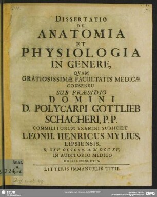 Dissertatio De Anatomia Et Physiologia In Genere