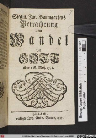 Siegm. Jac. Baumgartens Betrachtung vom Wandel vor Gott über 1 B. Mos. 17,1
