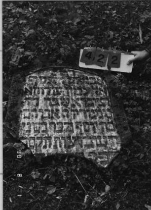 Grabstein 422 (Index: 99791247) Maße HxBxT: 78x64xo.A. cm Besonderheit: kulturhistorisch wertvoll / hist.-wiss. Gründe (Gemeindestellung): Grabstein 422