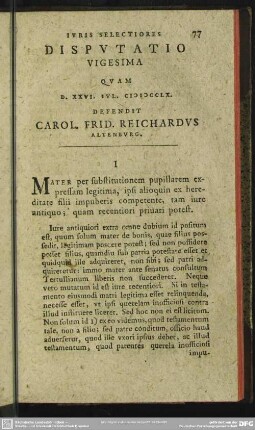 Disputatio Vigesima Quam D. XXVI. Iul. MDCCLX. Defendit Carol. Frid. Reichardus Altenburg