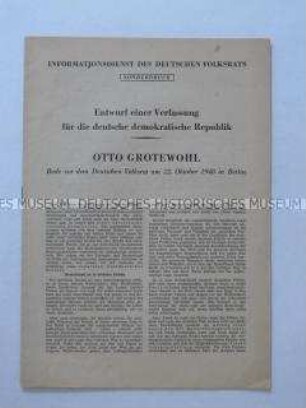 Sonderdruck des Deutschen Volksrates mit dem Wortlaut der Rede von Otto Grotewohl zum Entwurf einer Verfassung
