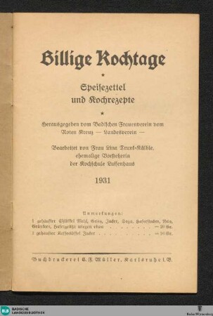 Billige Kochtage : Speisezettel und Kochrezepte