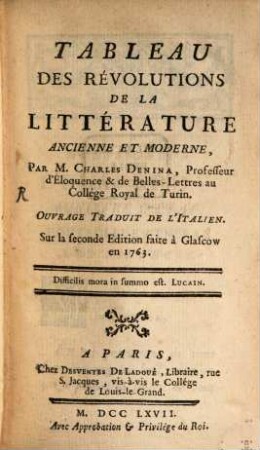 Tableau des Revolutions de la Litterature ancienne et moderne