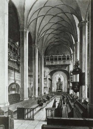 Inneres der Thomaskirche nach Osten, Zustand 1815-1884 vor dem Umbau von 1885.
