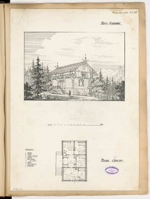 Pirschhaus Monatskonkurrenz November 1890: Grundriss Erdgeschoss, perspektivische Ansicht; Maßstabsleiste