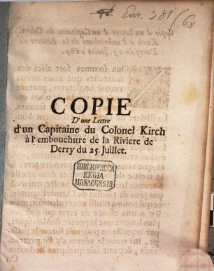Copie de la Lettre du Major Général Kirke