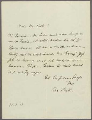 Brief von Ida Harth an Georg Kolbe