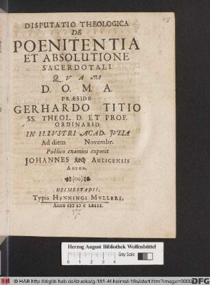 Disputatio Tehologica De Poenitentia Et Absolutione Sacerdotali