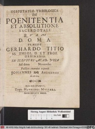 Disputatio Tehologica De Poenitentia Et Absolutione Sacerdotali