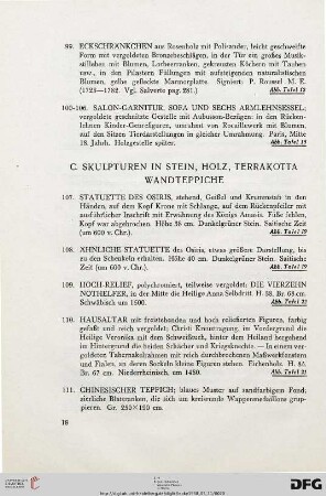 C. Skulpturen in Stein, Holz, Terrakotta, Wandteppiche (Nr. 107-128)