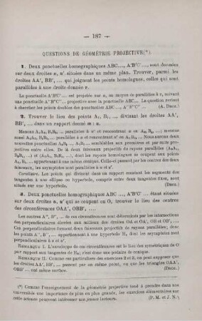 QUESTIONS DE GÉOMÉTRIE PROJECTIVE.