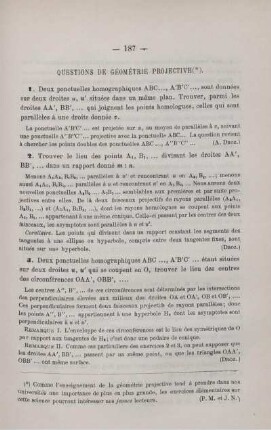 QUESTIONS DE GÉOMÉTRIE PROJECTIVE.